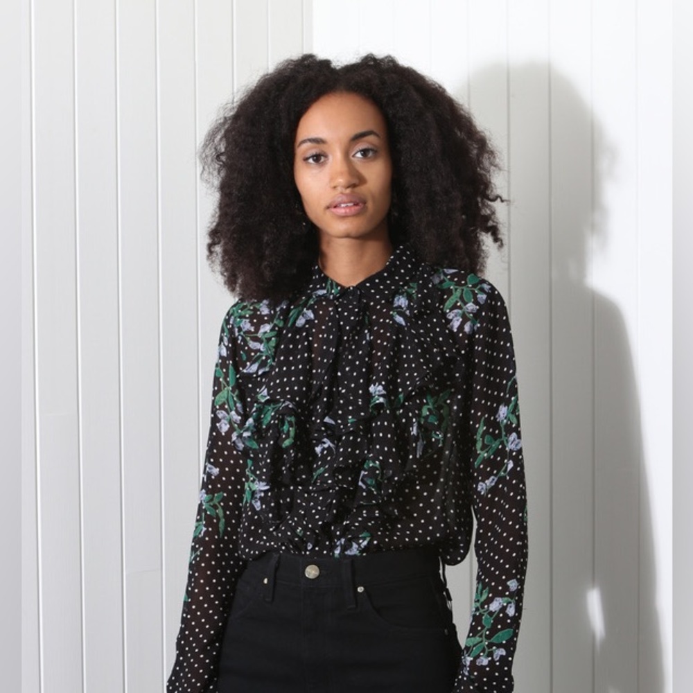 NWT GANNI Sheer Printed Long Sleeve Button-Up Top with ruffled embellishments